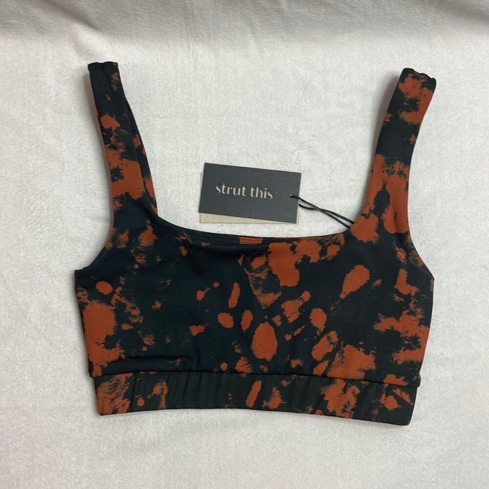 NWT Strut This Sports Bra Black and brown bleach spot look size XS